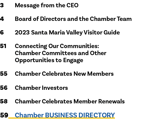 3 Message from the CEO 4 Board of Directors and the Chamber Team 6 2023 Santa Maria Valley Visitor Guide 51 Connectin...