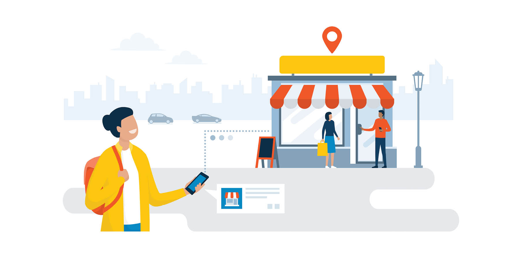 Happy woman walking in the city street and finding a shop using her smartphone, online advertisement and navigation concept