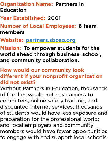 Organization Name: Partners in Education Year Established: 2001 Number of Local Employees: 6 team members Website: pa...
