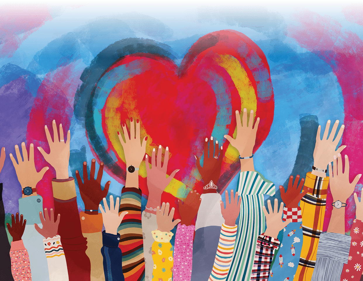 Possible use for association or volunteer community. Voluntary assistance cone. Expression of joy. Voting or election concept. Community of multi-ethnic and multicultural people. Racial equality. Cooperation and friendship between people. Families of parents, children, young people who volunteer.