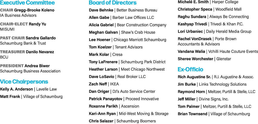 Executive Committee Chair Gregg Brooke Koleno IA Business Advisors Chair Elect Randy Yu MISUMI Past Chair Sandra Gall...