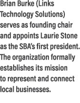 Brian Burke (Links Technology Solutions) serves as founding chair and appoints Laurie Stone as the SBA’s first presid...