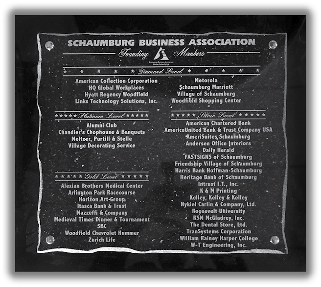 Historical photos of plauques and directory covers to celebrate the Schaumburg Business Association Anniversay.