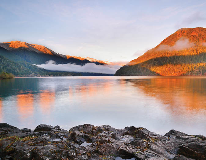 Beautiful sunrise over Lake Crescent at Olympic National Park. The Lake is a deep lake located entirely within Olympic National Park in Clallam County, Washington, USA