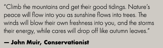 “Climb the mountains and get their good tidings. Nature’s peace will flow into you as sunshine flows into trees. The ...