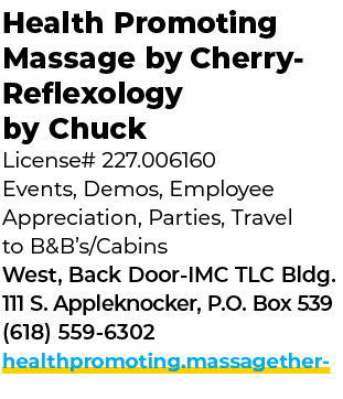 Health Promoting Massage by Cherry Reflexology by Chuck License# 227.006160 Events, Demos, Employee Appreciation, Par...
