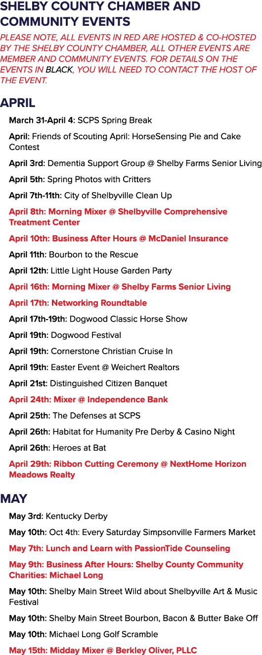 SHELBY COUNTY CHAMBER AND COMMUNITY EVENTS PLEASE NOTE, ALL EVENTS IN RED ARE HOSTED & CO HOSTED BY THE SHELBY COUNTY...