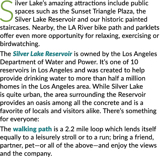 Silver Lake’s amazing attractions include public spaces such as the Sunset Triangle Plaza, the Silver Lake Reservoir ...