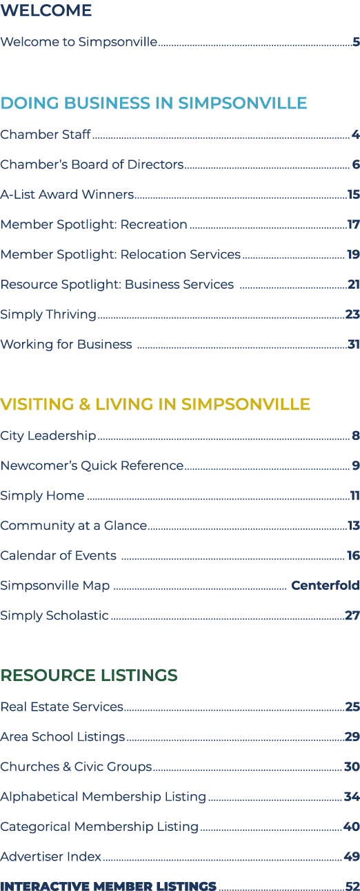 WELCOME Welcome to Simpsonville 5 DOING BUSINESS IN SIMPSONVILLE Chamber Staff 4 Chamber s Board of Directors 6 A-Lis   