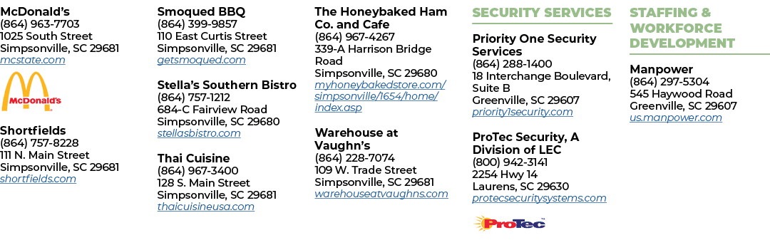 McDonald s (864) 963-7703 1025 South Street Simpsonville, SC 29681 mcstate com  Shortfields (864) 757-8228 111 N  Mai   