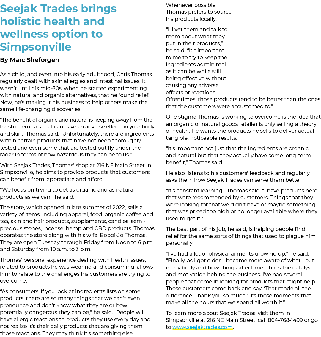 Seejak Trades brings holistic health and wellness option to Simpsonville By Marc Sheforgen As a child, and even into ...