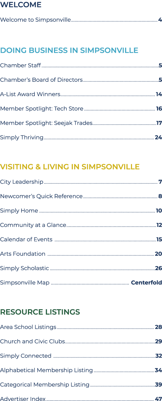 WELCOME Welcome to Simpsonville 4 DOING BUSINESS IN SIMPSONVILLE Chamber Staff 5 Chamber’s Board of Directors 5 A Lis...