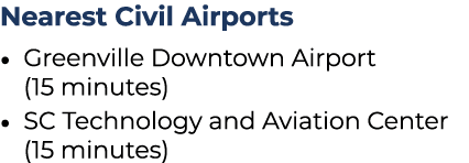Nearest Civil Airports • Greenville Downtown Airport (15 minutes) • SC Technology and Aviation Center (15 minutes)