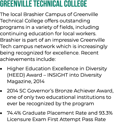 Greenville Technical College The local Brashier Campus of Greenville Technical College offers outstanding programs in...