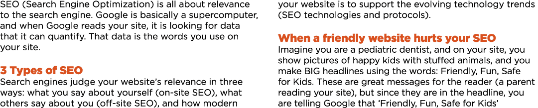 SEO (Search Engine Optimization) is all about relevance to the search engine  Google is basically a supercomputer, an   