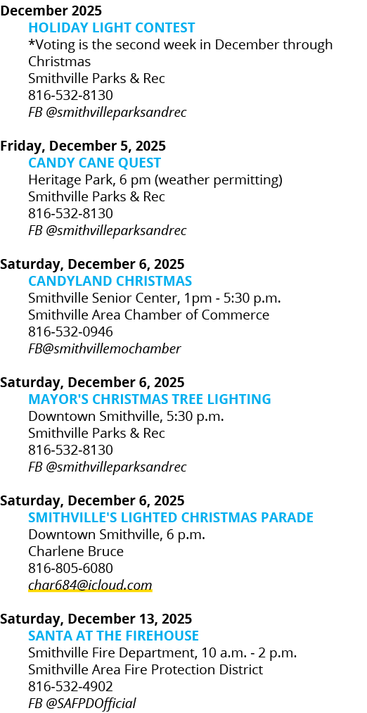 December 2025 Holiday Light Contest *Voting is the second week in December through Christmas Smithville Parks & Rec 8...