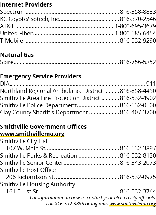 Internet Providers Spectrum 816 358 8833 KC Coyote/Isotech, Inc. 816 370 2546 AT&T 1 800 695 3679 United Fiber 1 800 ...