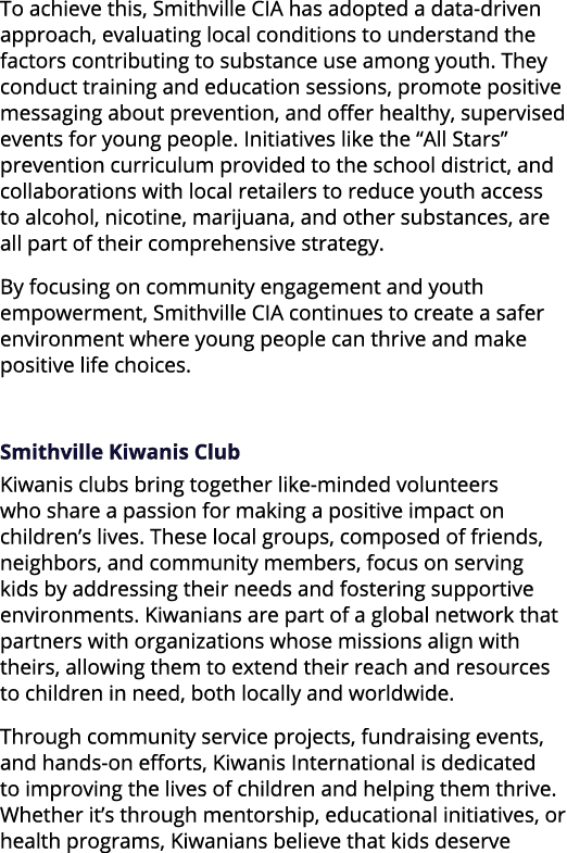To achieve this, Smithville CIA has adopted a data driven approach, evaluating local conditions to understand the fac...