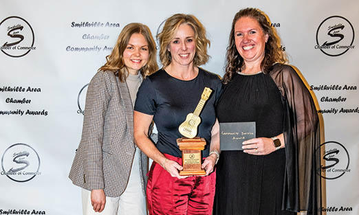 Three women pose with a trophy, one of them holding a guitar. AI generated content