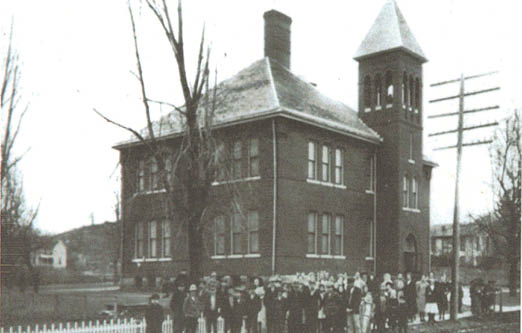 A large group of people are standing in front of a building, possibly a church. AI generated content