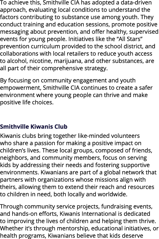 To achieve this, Smithville CIA has adopted a data driven approach, evaluating local conditions to understand the fac...