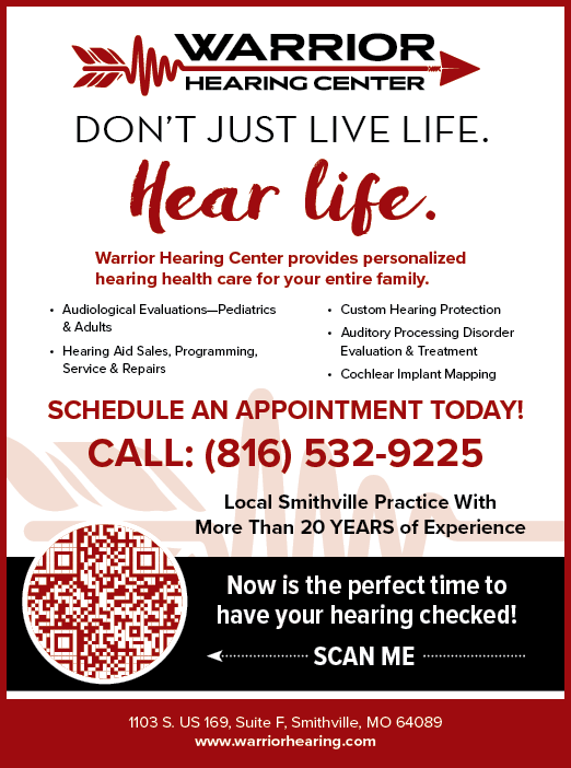 A flyer for Warrior Hearing Center advertises their services, including hearing aids and check-ups. The flyer is red and white and features a phone number and website for the center. AI generated content