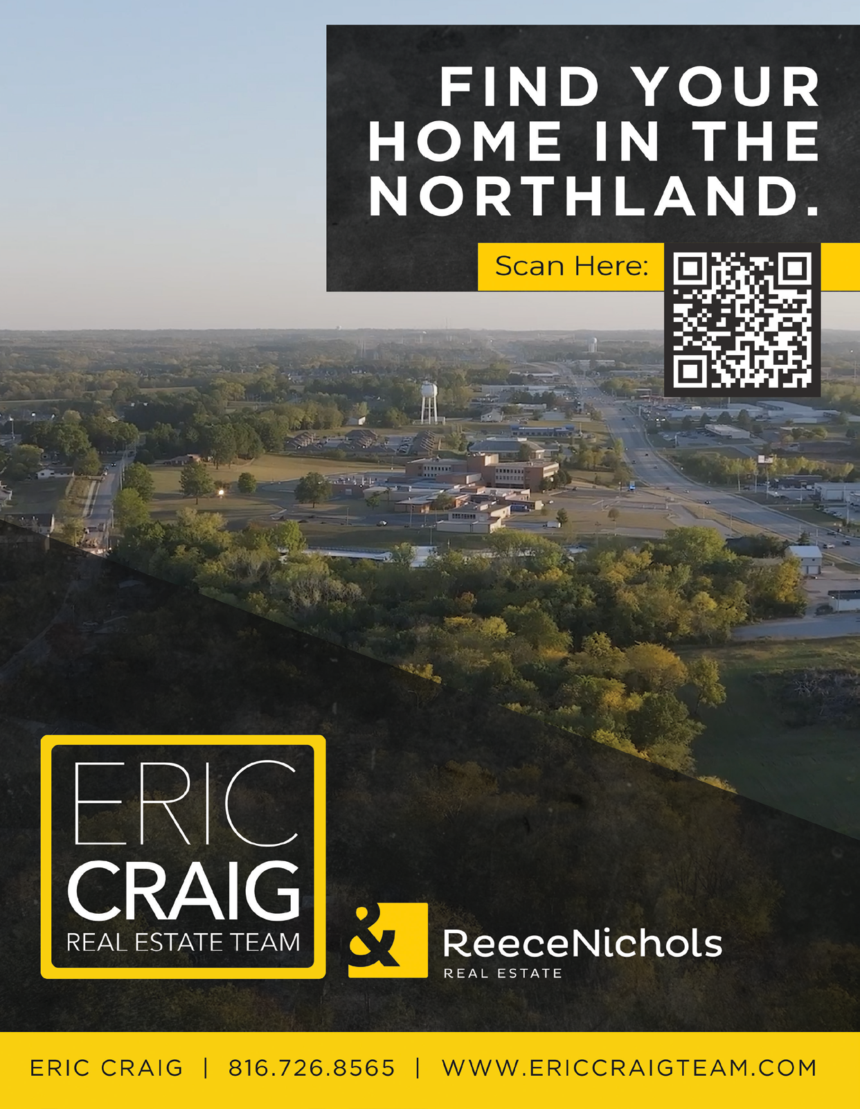 A real estate team advertisement with a picture of a town and the words “Find your home in the Northland." AI generated content