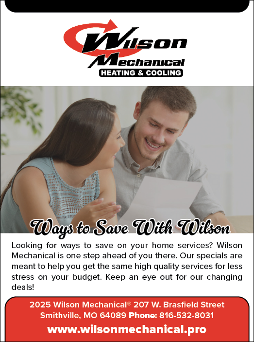 A man and woman are shown in a red and white advertisement for a heating and cooling company. The man is smiling and the woman is looking at him. The advertisement is titled “Ways to Save with Wilson." AI generated content