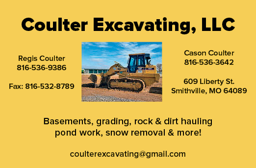 A yellow and black business card for a company called Couter Excavating, LLC. The card features a picture of a large yellow excavator on the front. The company is based in Smithville, Missouri and can be reached at 1-800-662-2688. AI generated content