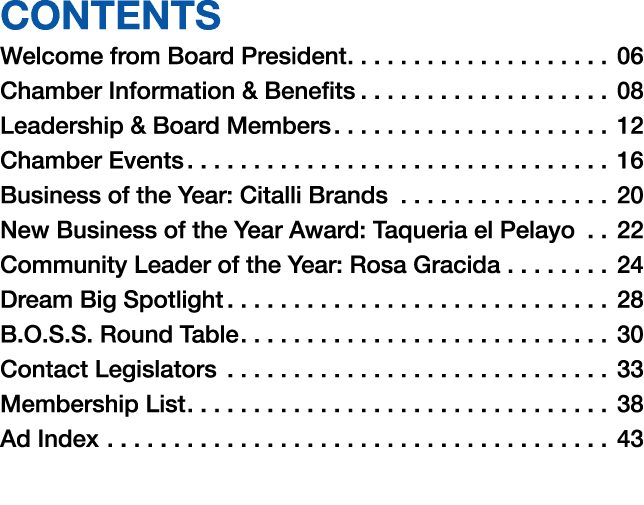 CONTENTS Welcome from Board President 06 Chamber Information & Benefits 08 Leadership & Board Members 12 Chamber Even...