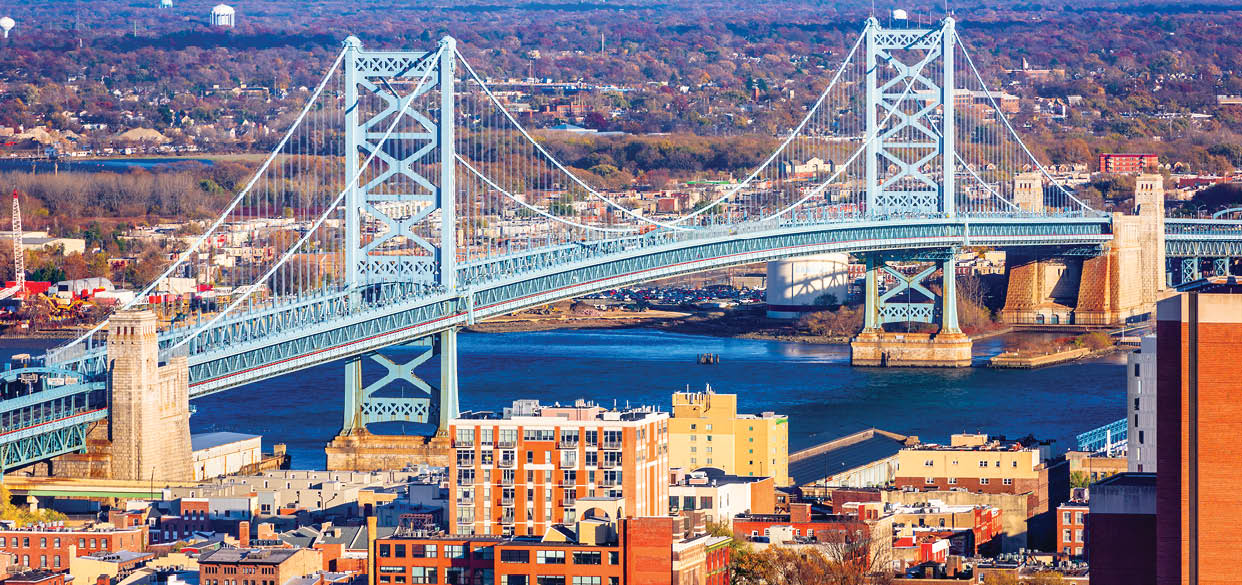 Benjamin Franklin Bridge Spanning the Delaware RIver from Philadelphia to Camden, New Jersey.
