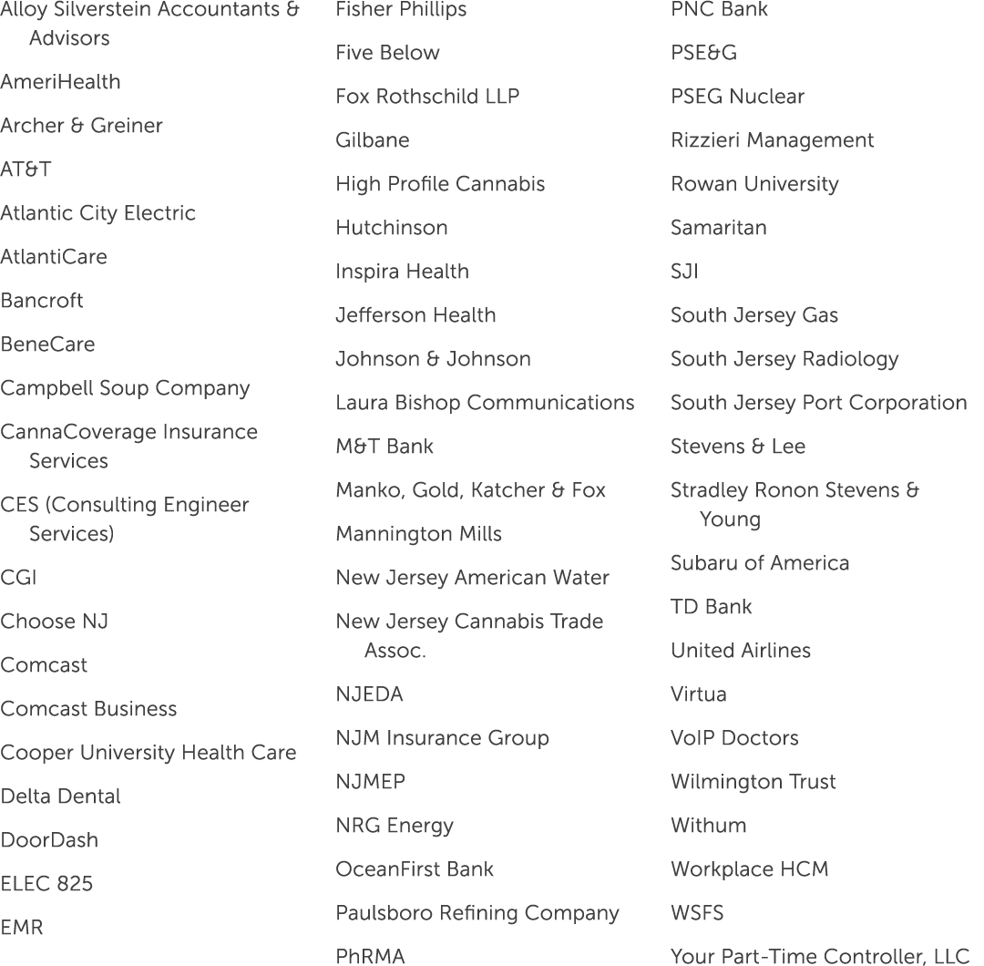 Alloy Silverstein Accountants & Advisors AmeriHealth Archer & Greiner AT&T Atlantic City Electric AtlantiCare Bancrof...