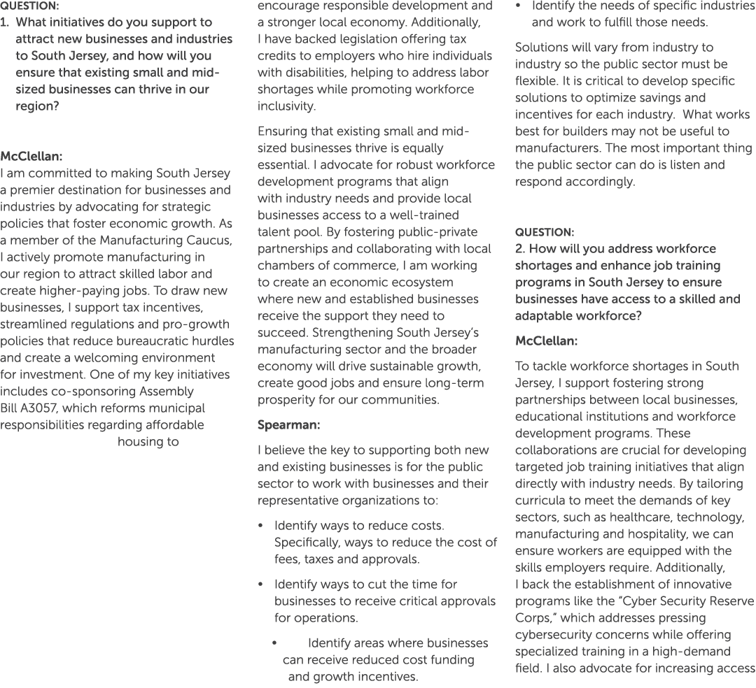 QUESTION: 1. What initiatives do you support to attract new businesses and industries to South Jersey, and how will y...
