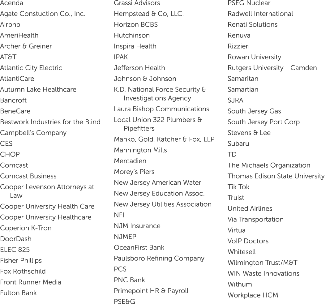 Acenda Agate Constuction Co., Inc. Airbnb AmeriHealth Archer & Greiner AT&T Atlantic City Electric AtlantiCare Autumn...
