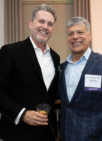 Two men in suits pose for a picture, one wearing a tie. AI generated content