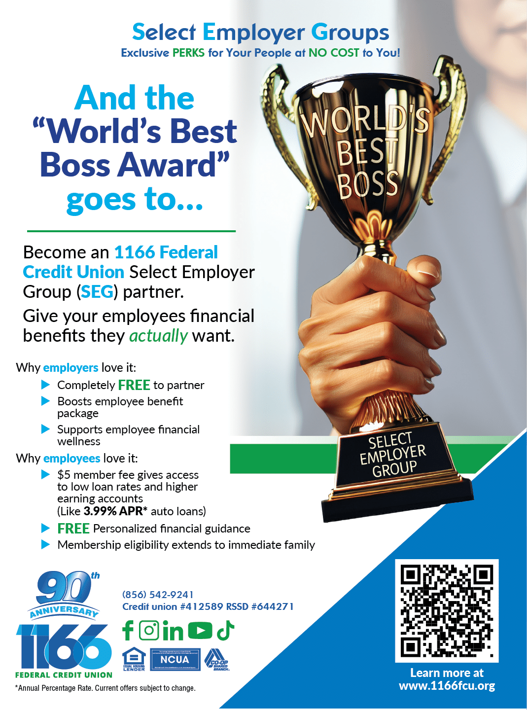A poster advertising a company that awards a trophy to employees who become a 166 Federal Employees Group Select Employee. AI generated content