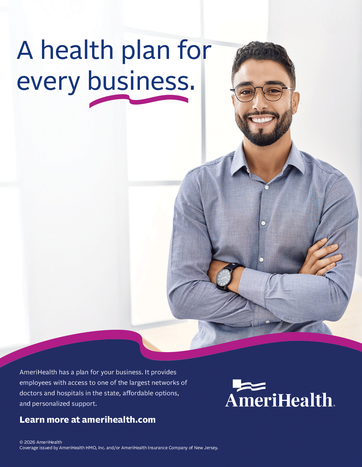 A man in a blue shirt is smiling and posing for a health plan advertisement. AI generated content