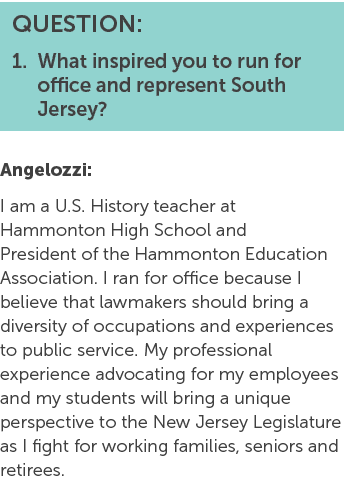 QUESTION: 1. What inspired you to run for office and represent South Jersey? Angelozzi: I am a U.S. History teacher a...