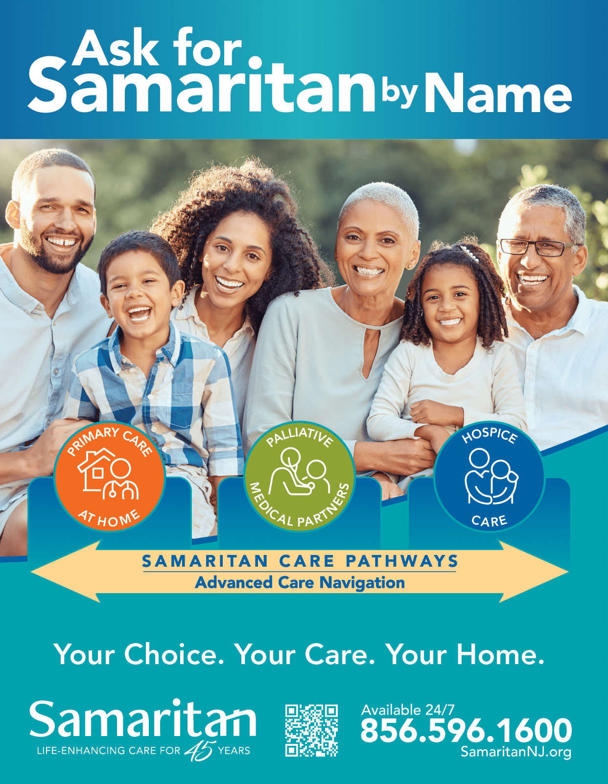 A family of four poses for a photo, smiling and happy. They are standing in front of a sign that says “Ask for Samaritan by Name." AI generated content