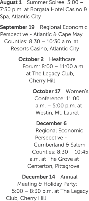 August 1 Summer Soiree: 5:00 – 7:30 p.m. at Borgata Hotel Casino & Spa, Atlantic City September 19 Regional Economic ...
