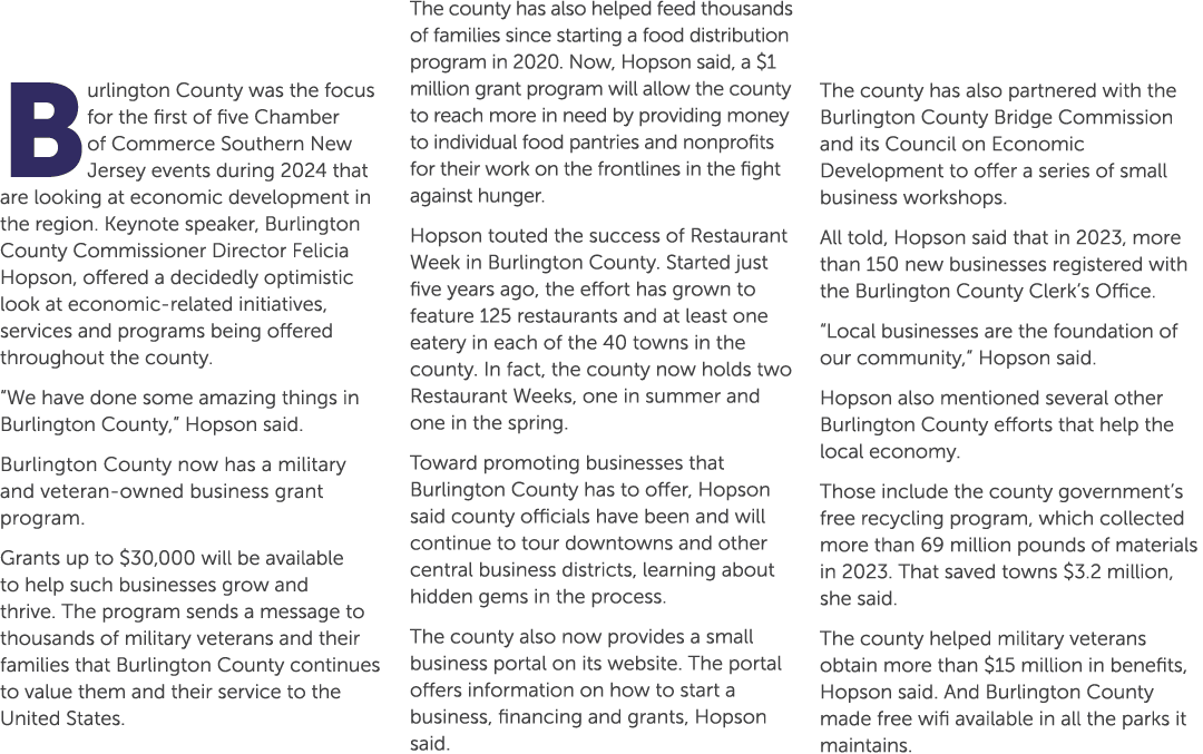Burlington County was the focus for the first of five Chamber of Commerce Southern New Jersey events during 2024 that...