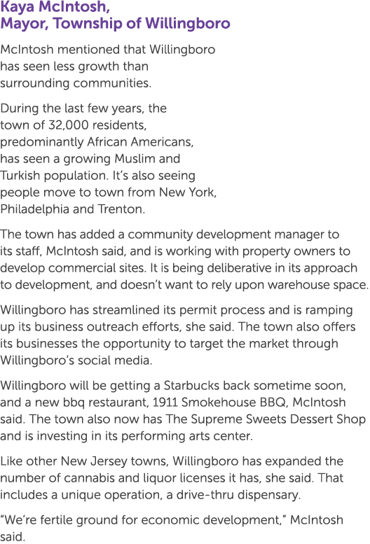 Kaya McIntosh, Mayor, Township of Willingboro McIntosh mentioned that Willingboro has seen less growth than surroundi...