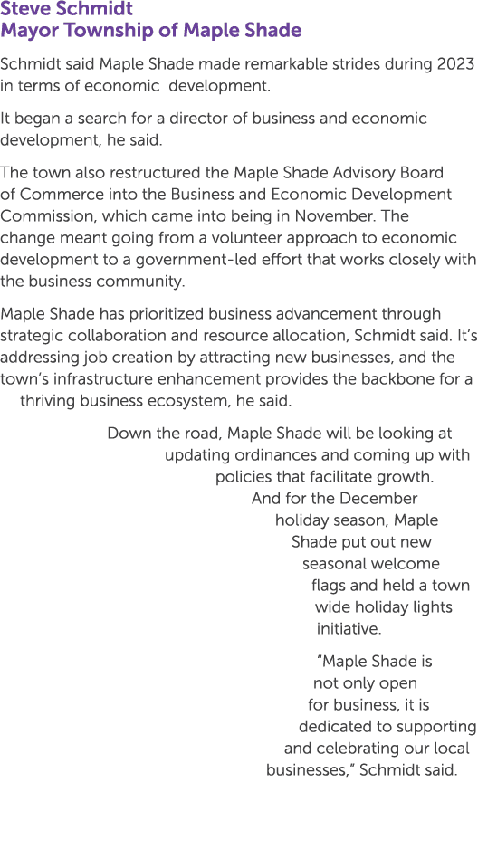 Steve Schmidt Mayor Township of Maple Shade Schmidt said Maple Shade made remarkable strides during 2023 in terms of ...