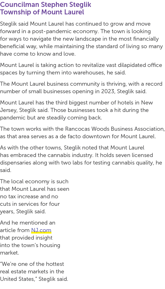 Councilman Stephen Steglik Township of Mount Laurel Steglik said Mount Laurel has continued to grow and move forward ...