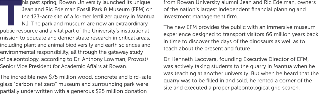 This past spring, Rowan University launched its unique Jean and Ric Edelman Fossil Park & Museum (EFM) on the 123 acr...