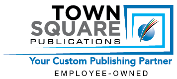 Town Square Publications logo featuring bold black and gray text with a blue stylized square and swoosh design, accompanied by the tagline Your Custom Publishing Partner and the phrase Employee-Owned. Description generated by AI