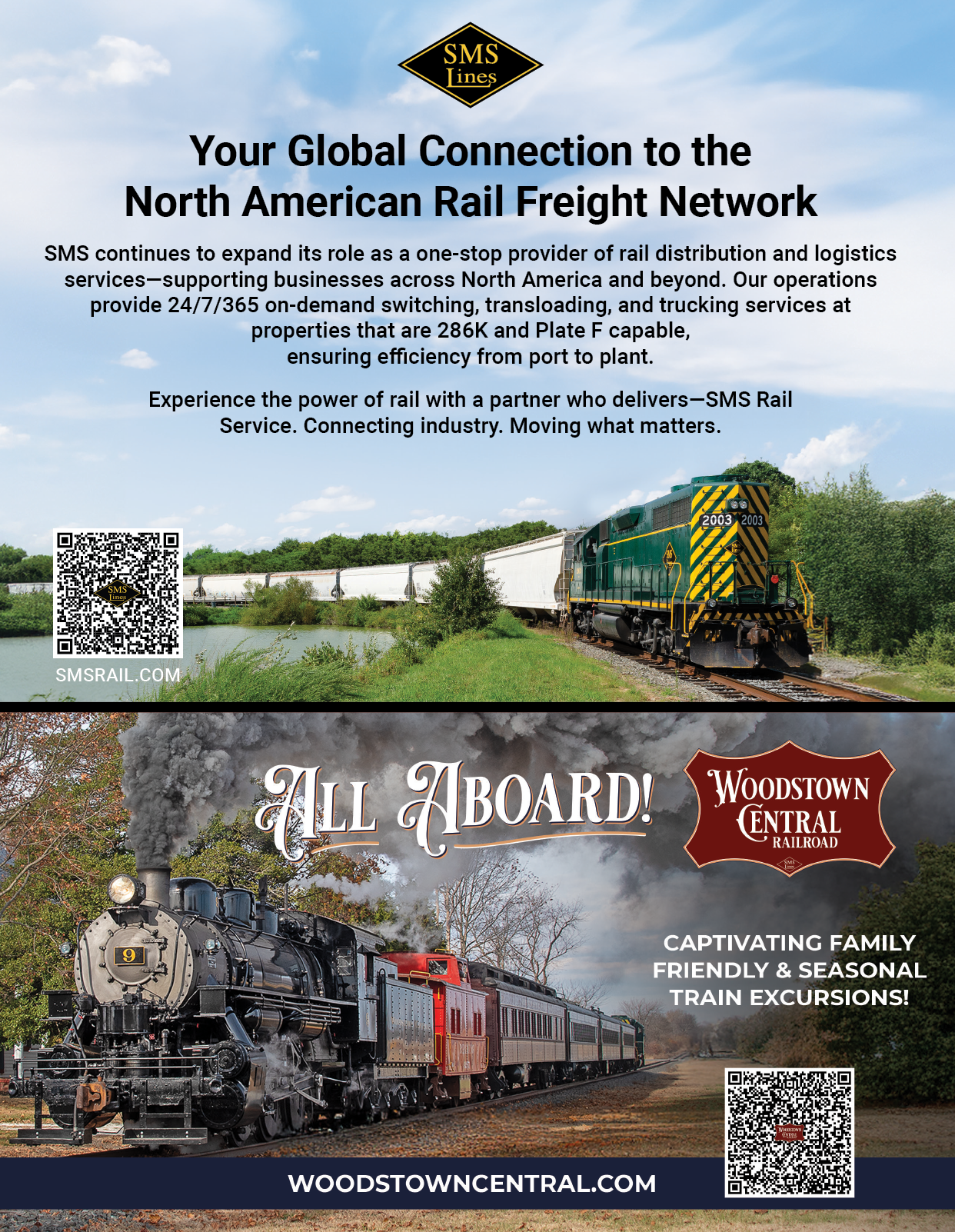 A promotional graphic featuring two trains, one modern freight train on a track surrounded by greenery and one vintage steam train with passenger cars in a wooded area, advertising North American rail freight services and family-friendly seasonal train excursions. Description generated by AI