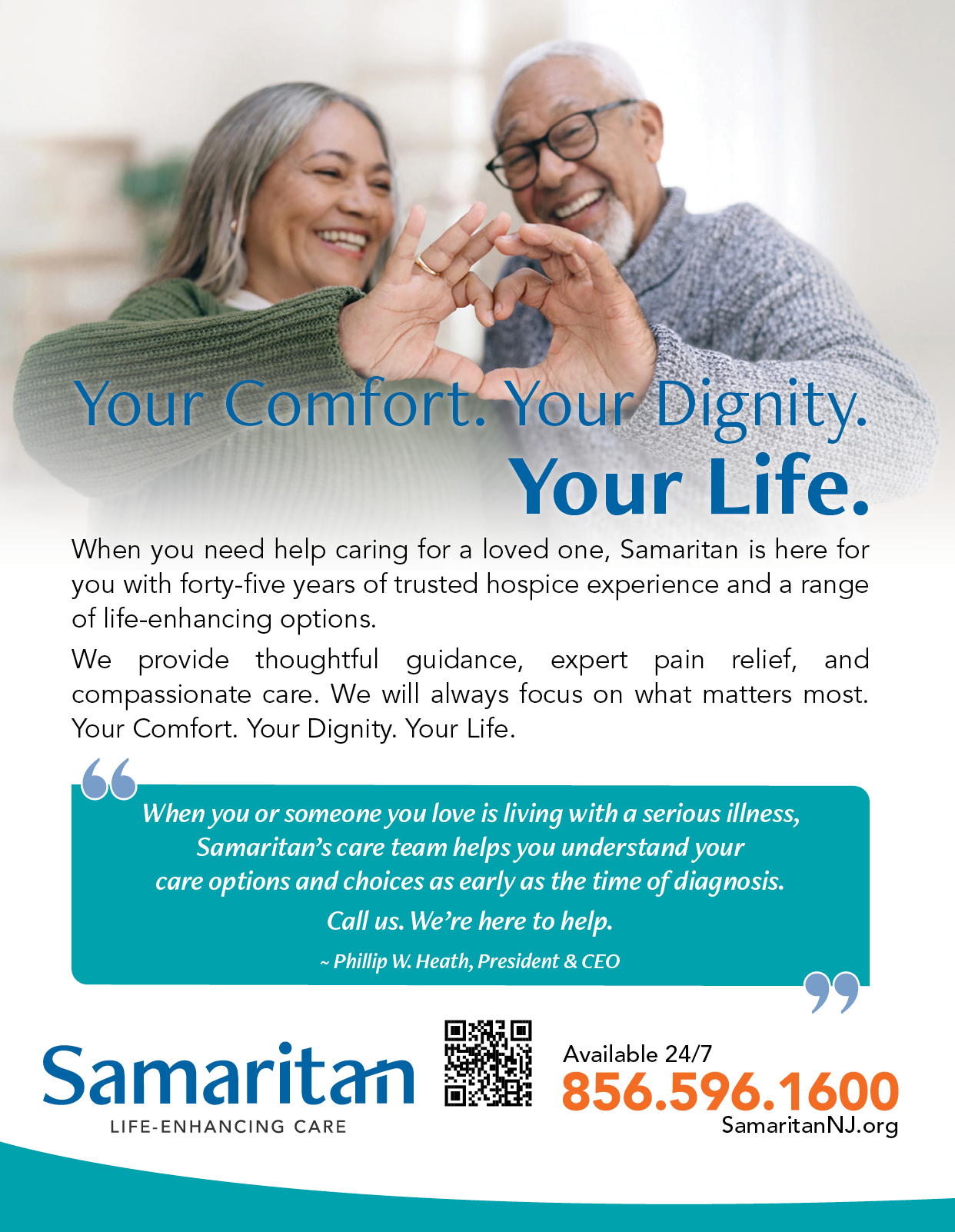 Two adults sitting closely together indoors form a heart shape with their hands while a hospice care advertisement text appears below them. Description generated by AI