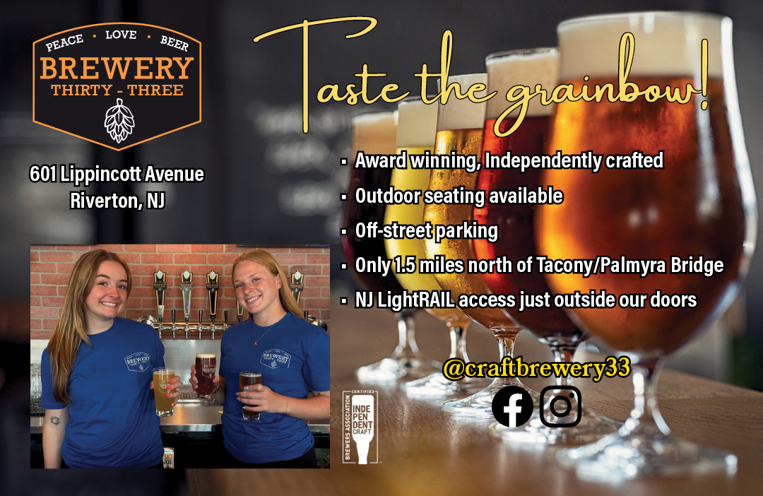 Two adults wearing matching blue shirts hold drinks in a brewery setting with text promoting Brewery Thirty-Three in Riverton, NJ, highlighting award-winning craft beer, outdoor seating, off-street parking, proximity to a bridge, and nearby light rail access. Description generated by AI