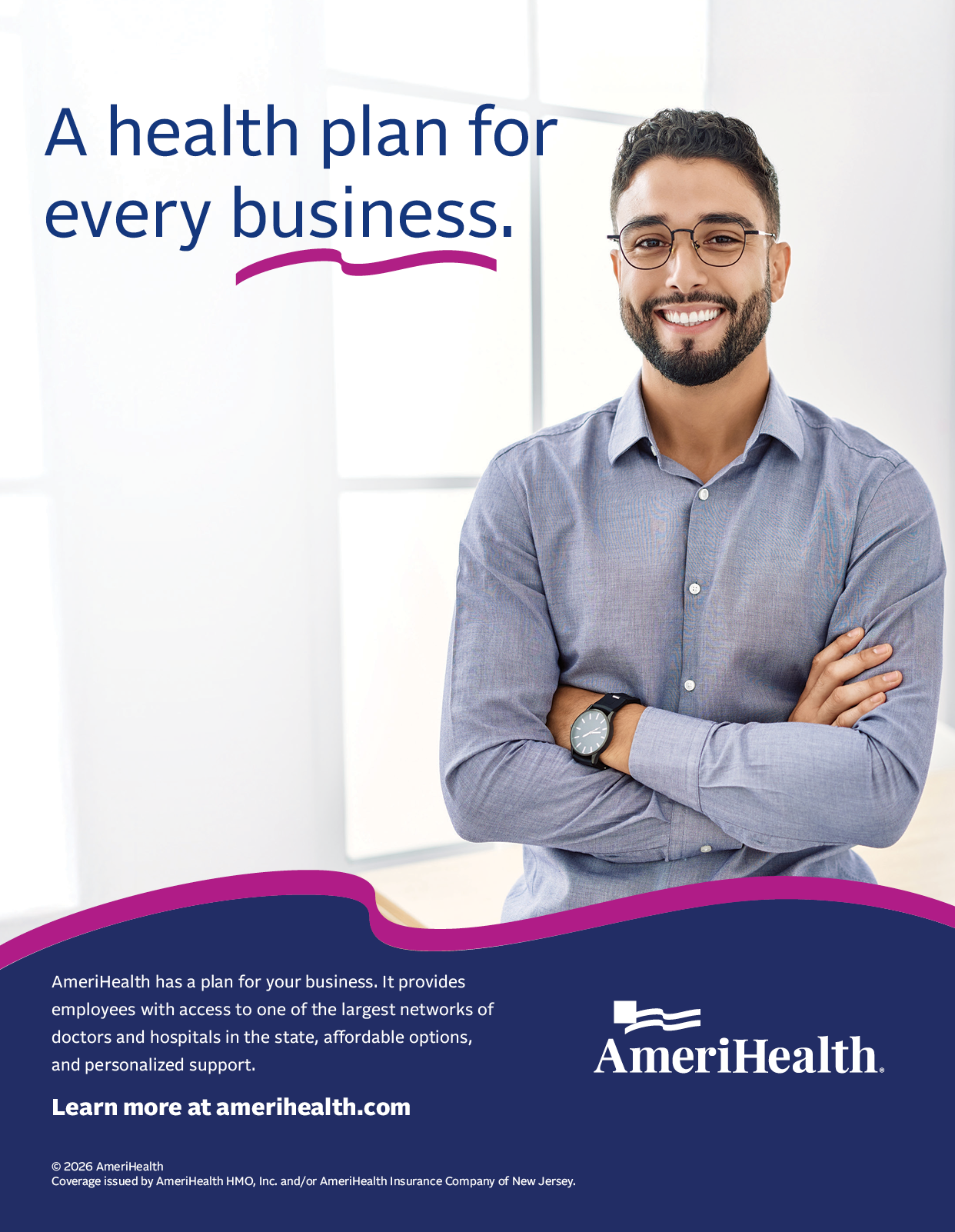 A person with short curly hair wearing a blue button-up shirt and watch stands with arms crossed next to text promoting AmeriHealth's health plan for businesses. Description generated by AI